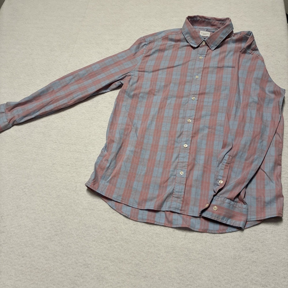 7 Diamonds Shirt Mens L Blue Pink Stripe Plaid Button Up Cotton‎ Nylon Blend